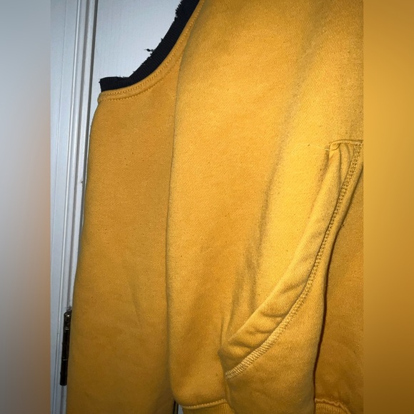 LF Mustard Yellow Distressed Cold Shoulder Shoulderless Hooded Sweatshirt Small - Picture 11 of 16